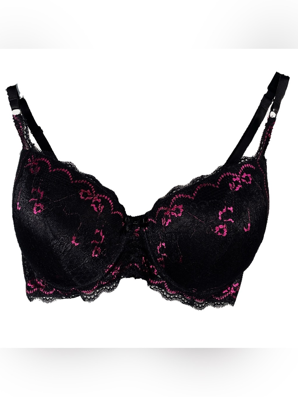 Pure Beauty Women's Black Lace Underwire Bra with Pink Embroidery 42C
